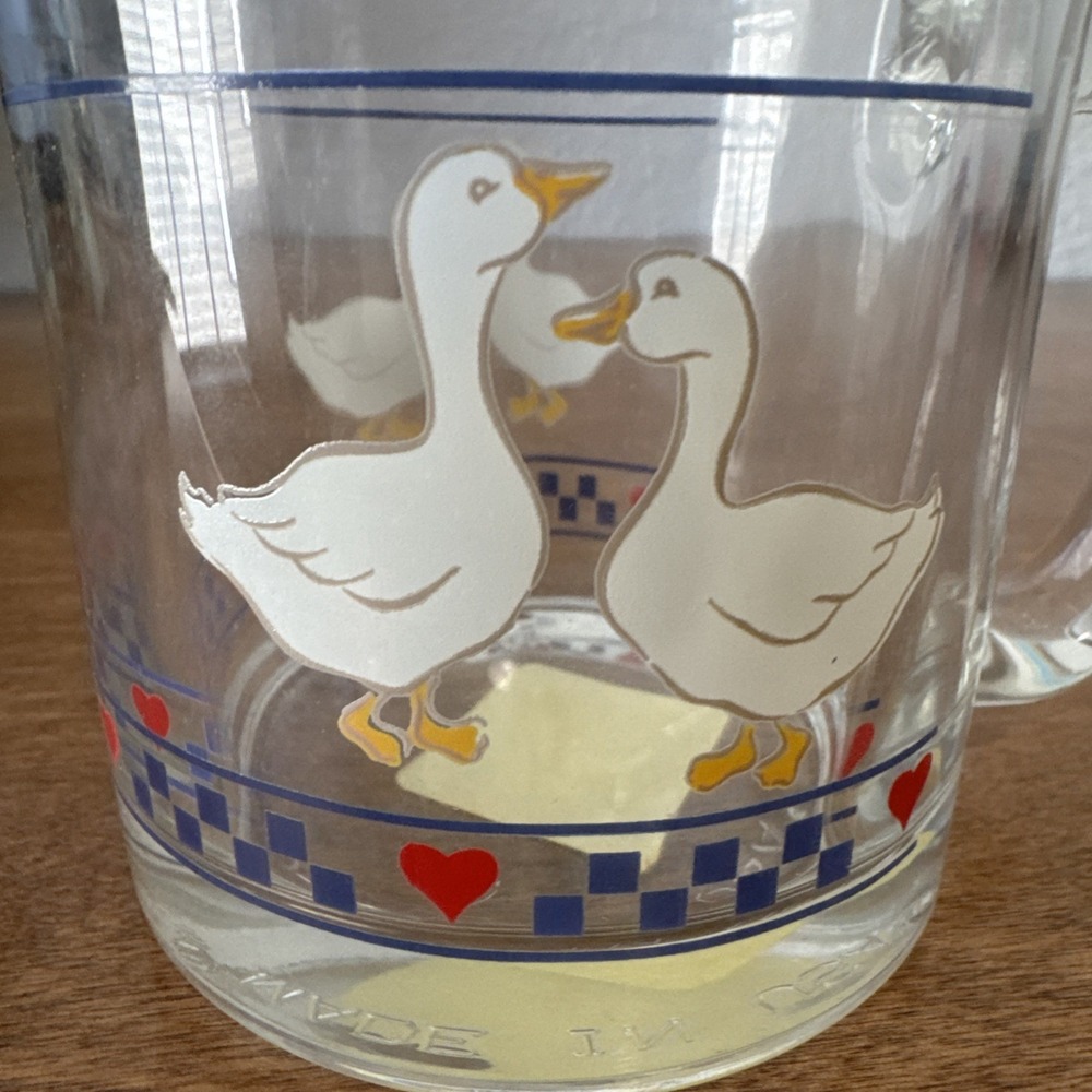 Vintage Libbey Country Geese Coffee mug  glass checkered & Hearts Made in USA. - Picture 2 of 9